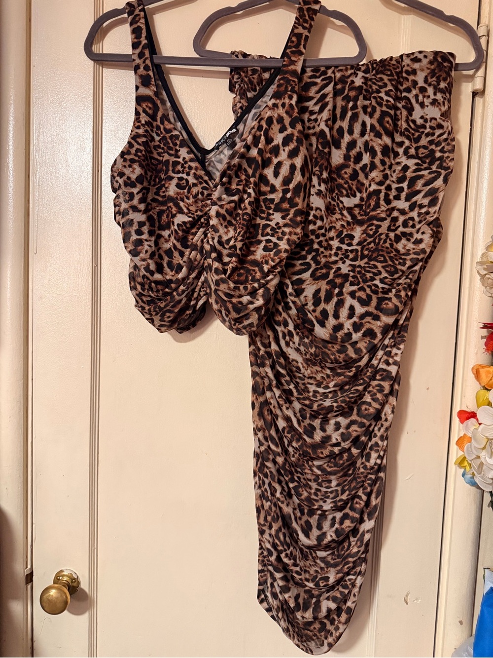 Fashion Nova Leopard Ruched Two-Piece Skirt Set - Brown Black Tan